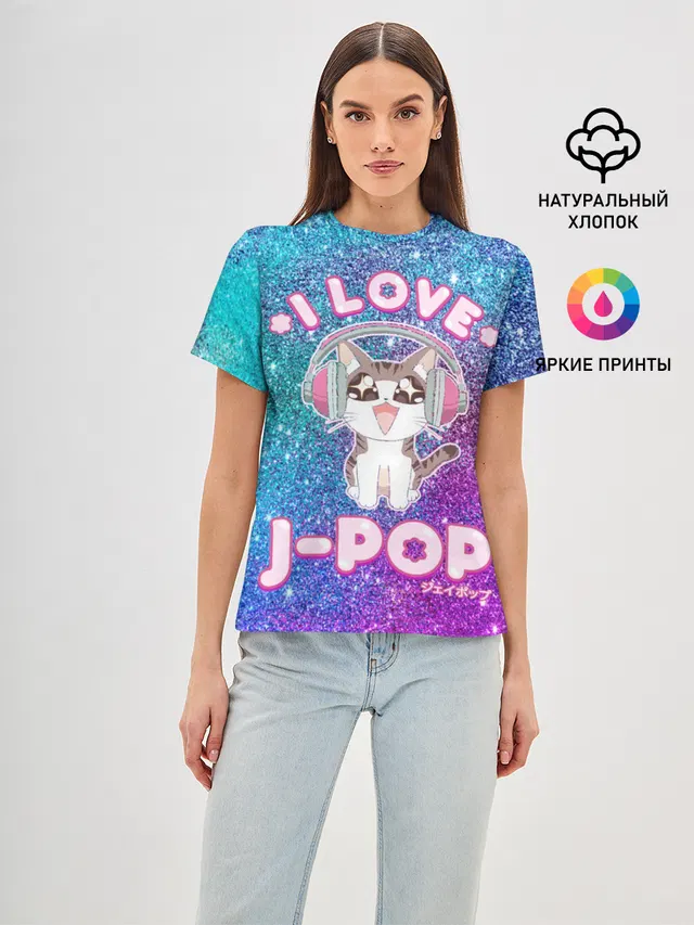 Женская базовая футболка с принтом «I Love Cat Pop»