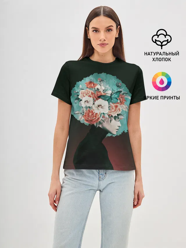 Женская базовая футболка с принтом «8 марта — Girl in flowers»
