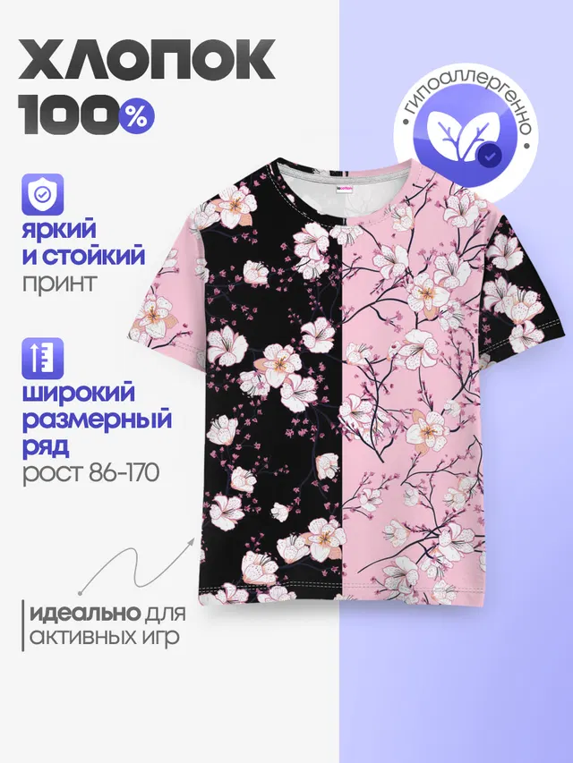 Детская базовая футболка с принтом «Цветы — САКУРА — SAKURA — ВИШНЯ»