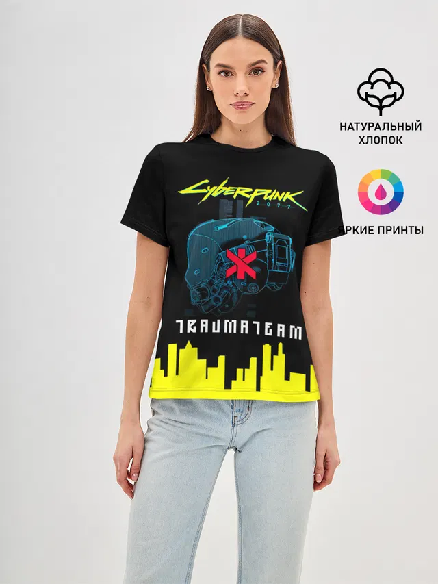 Женская базовая футболка с принтом «Cyberpunk 2077 — TRAUMA TEAM Cyberpunk 2077»