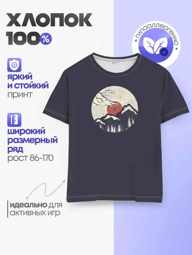 Детская базовая футболка с принтом «Retro — Mountain. Vinyl Record»