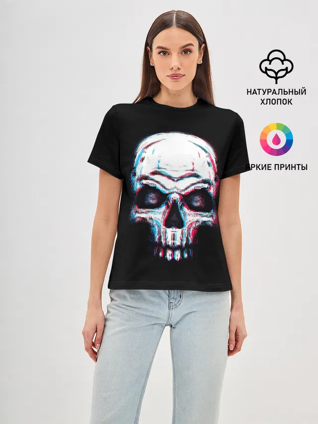 Женская базовая футболка с принтом «Черепа — Glitch Skull»