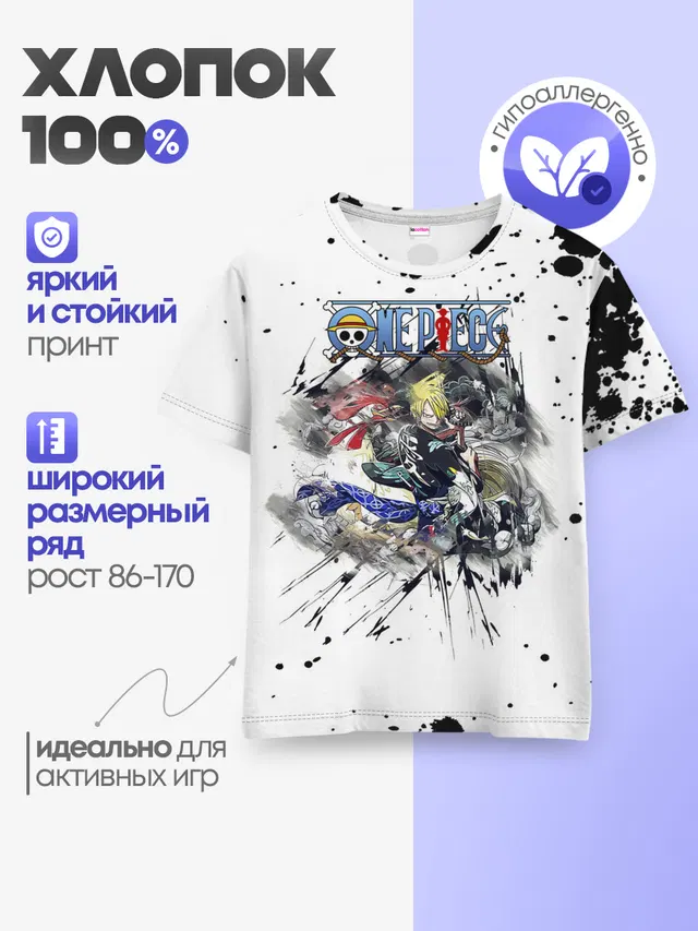 Детская базовая футболка с принтом «Ван Пис — Винсмок Санджи One Piece»