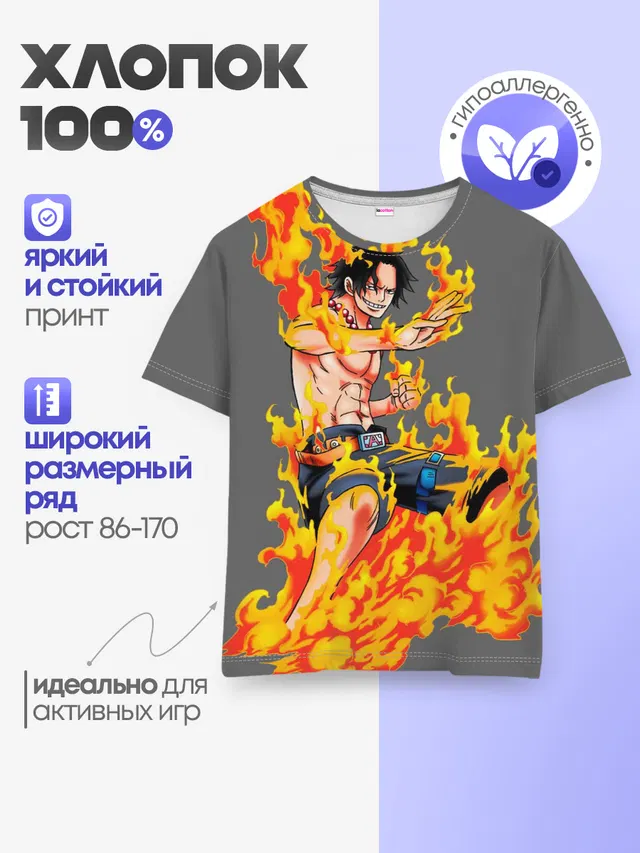 Детская базовая футболка с принтом «Ван Пис — Портгас Д Эйс из One Piece»
