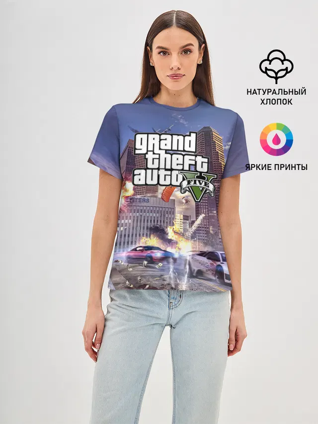 Женская базовая футболка с принтом «GTA — ЭКШЕН Grand Theft Auto V»