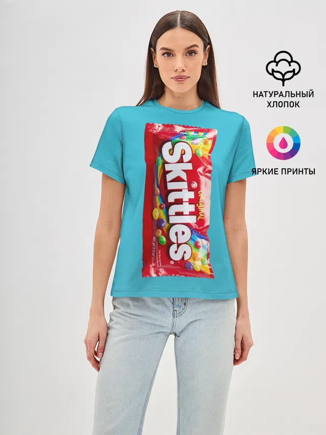 Женская базовая футболка с принтом «Еда — Skittles original»