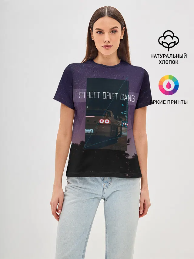 Женская базовая футболка с принтом «Street Drift Gang Дрифт»