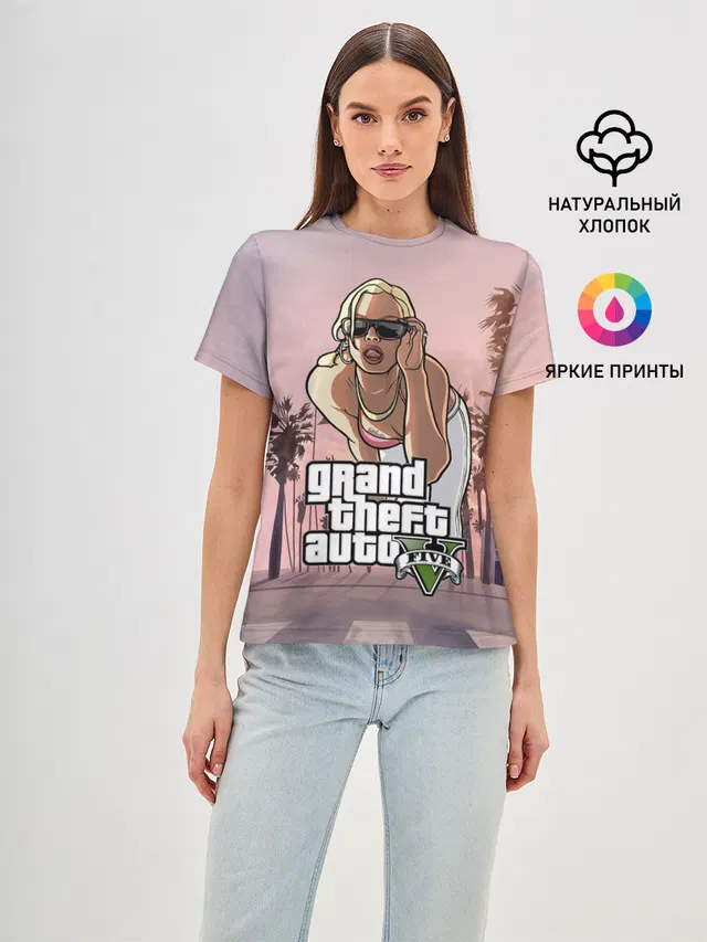 Женская базовая футболка с принтом «GTA — Grand Theft Auto V девушка»