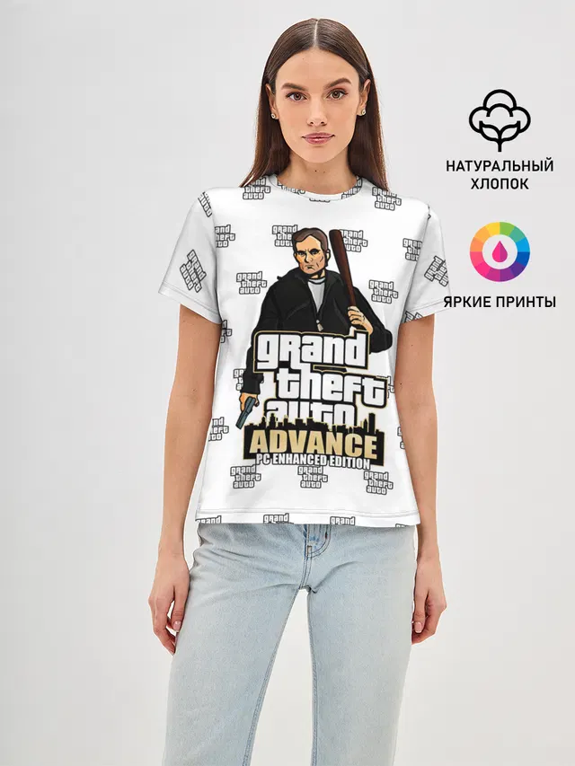 Женская базовая футболка с принтом «GTA — Grand Theft Auto ADVANCE»