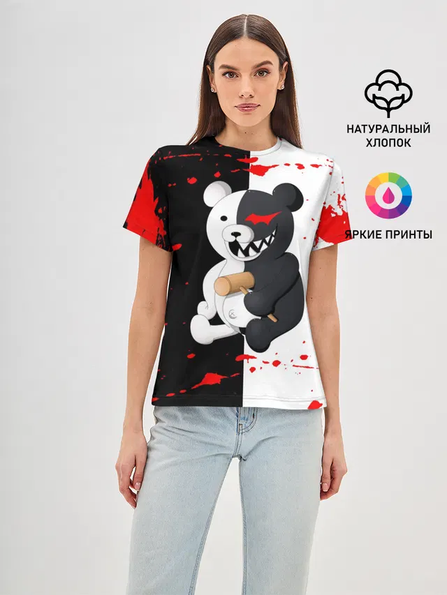 Женская базовая футболка с принтом «monokuma с молотком»