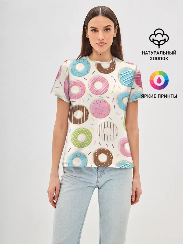 Женская базовая футболка с принтом «Еда — Пончики — Donuts»