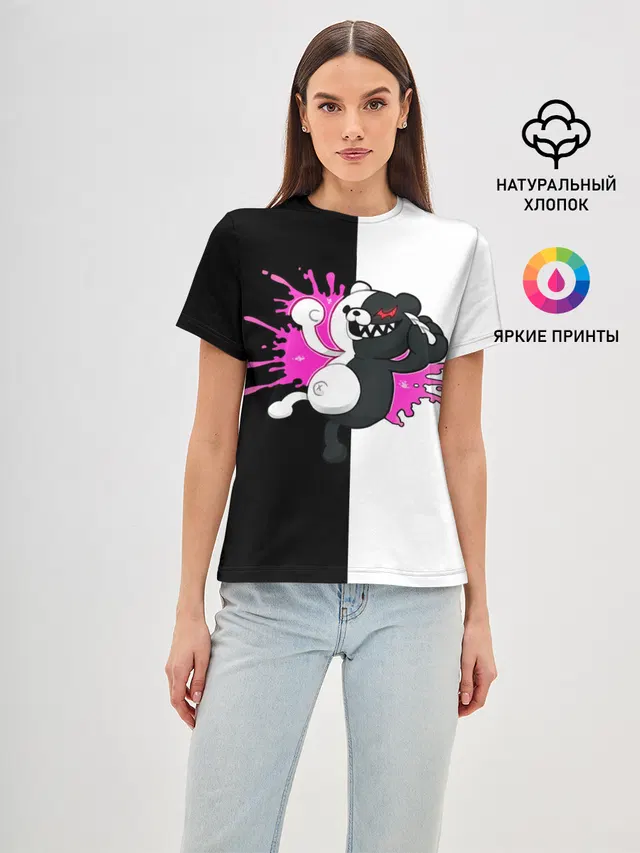 Женская базовая футболка с принтом «monokuma розовая жвачка»