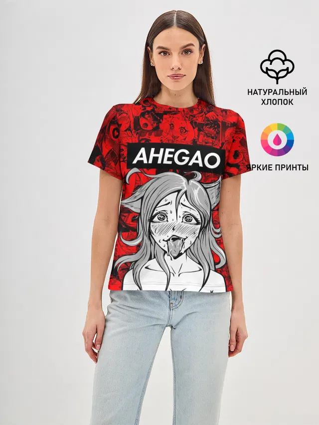 Женская базовая футболка с принтом «Ahegao — Ahegao red»