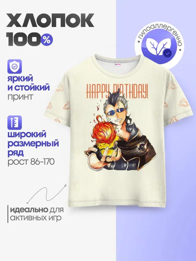 Детская базовая футболка с принтом «Чёрный клевер — С днем рождения! Магна Свинг»