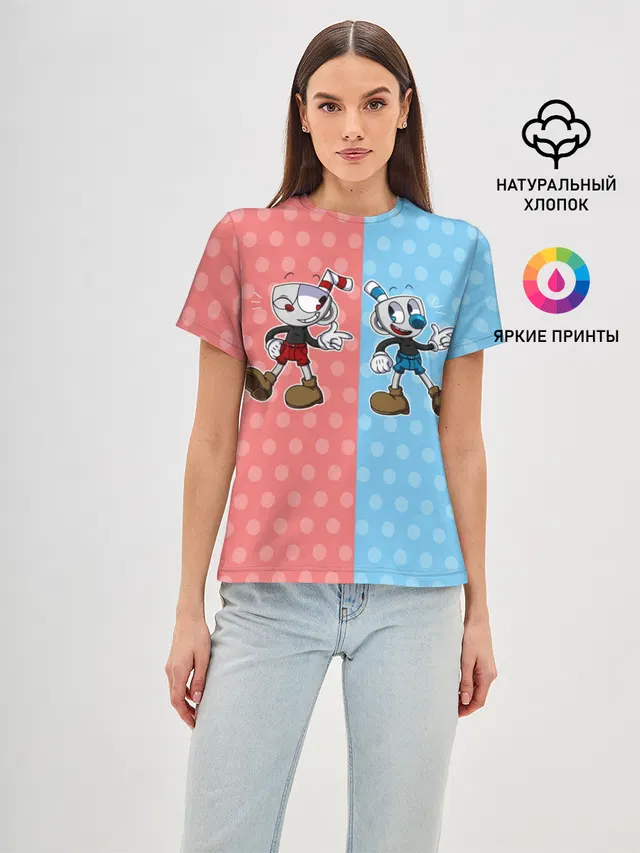Женская базовая футболка с принтом «Cuphead — caphead»
