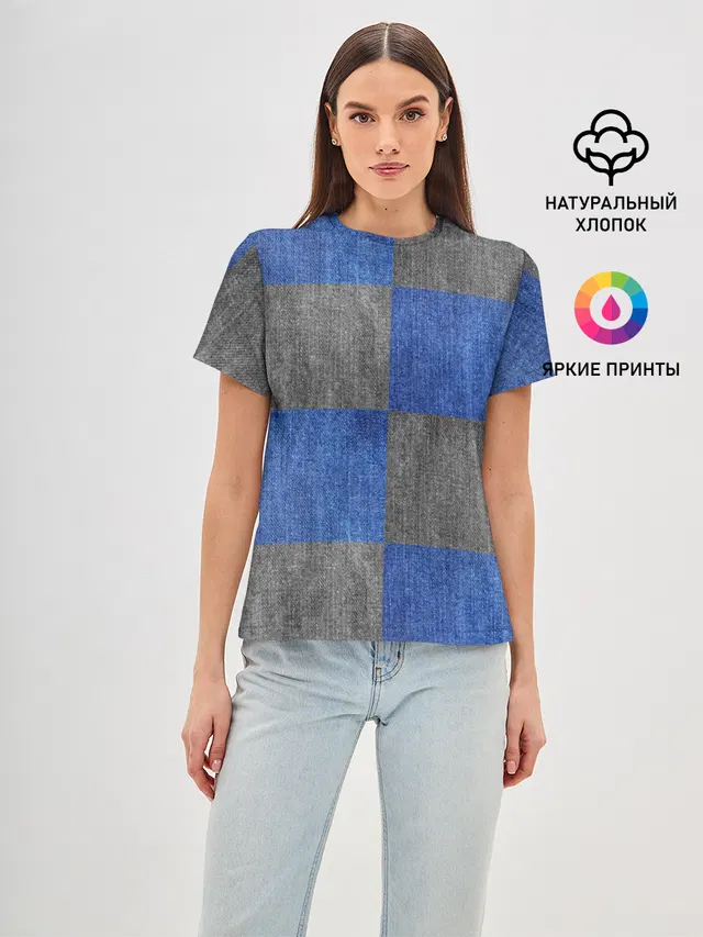 Женская базовая футболка с принтом «Denim texture — Denim Patchwork»