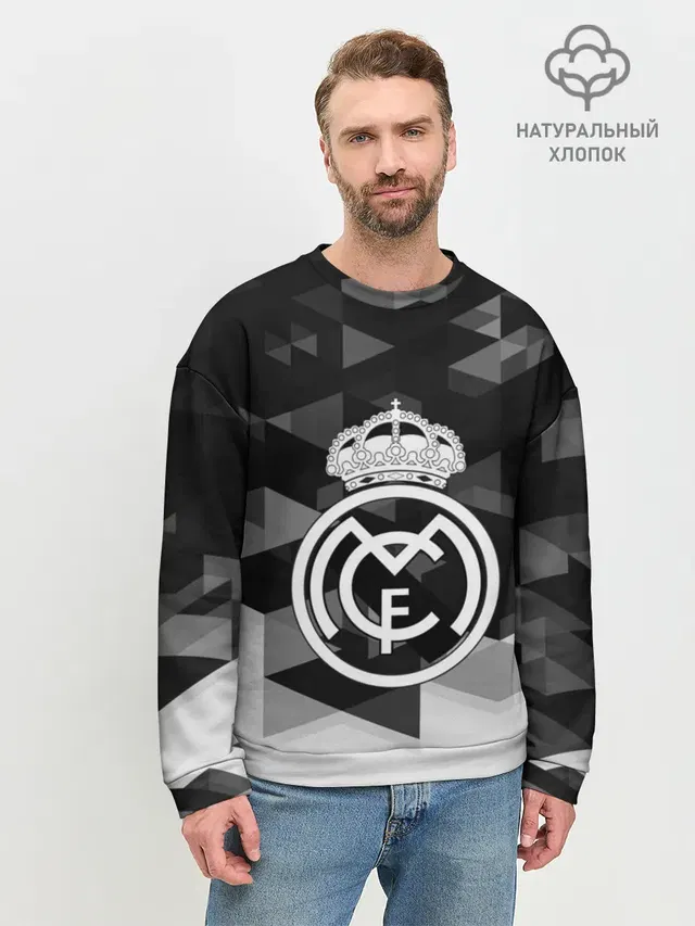 Мужской свитшот базовый с принтом «Реал Мадрид — FC Real Madrid sport geometry»