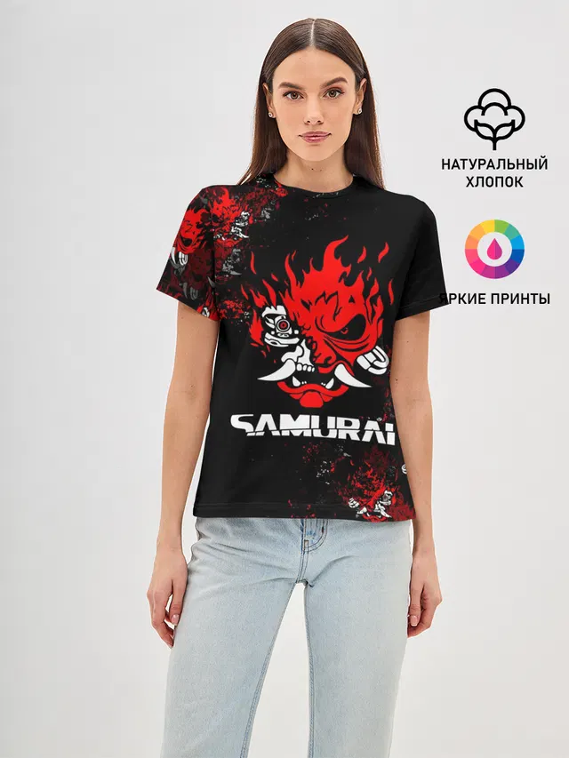 Женская базовая футболка с принтом «Cyberpunk 2077 — SAMURAI»