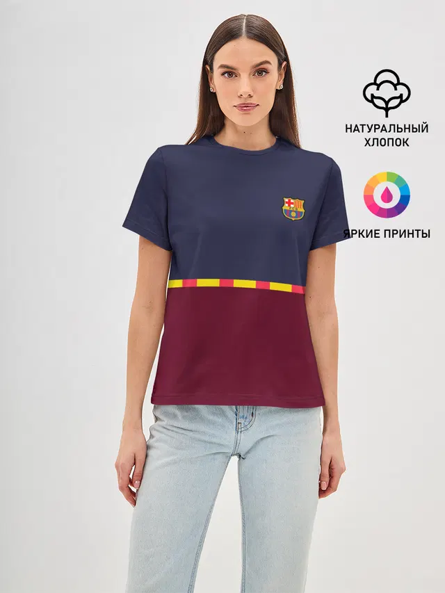 Женская базовая футболка с принтом «Барселона — FC Barcelona — Flag and team Logo»