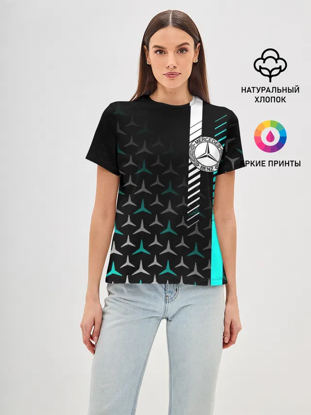 Женская базовая футболка с принтом «Merсedes — МЕРСЕДЕС — AQUA BLACK GRADIENT»