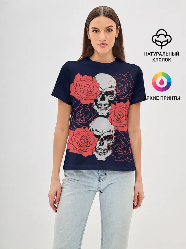 Женская базовая футболка с принтом «Черепа — Rose Skull»