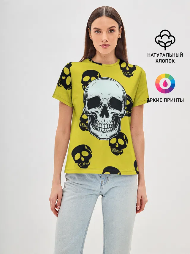 Женская базовая футболка с принтом «Черепа — Yellow Skulls»
