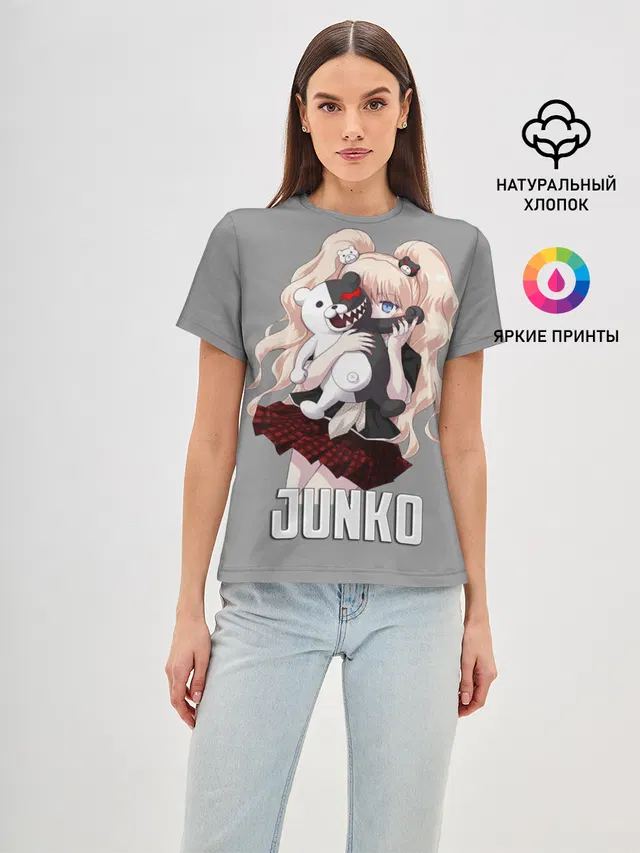 Женская базовая футболка с принтом «Danganronpa — MONOKUMA — JUNKO»