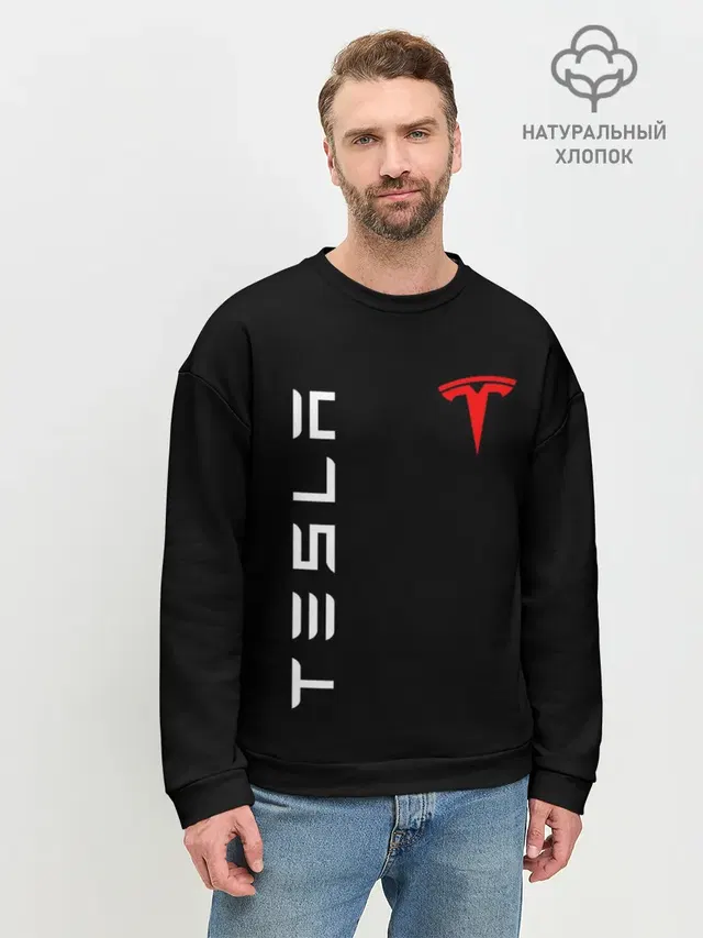 Мужской свитшот базовый с принтом «Разные автомобильные — TESLA»