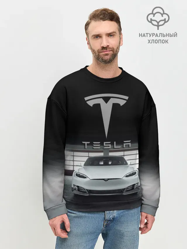 Мужской свитшот базовый с принтом «Разные автомобильные — TESLA»