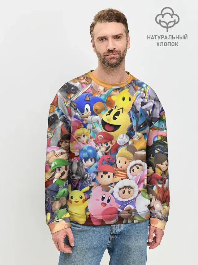 Мужской свитшот базовый с принтом «sticker bombing — Super Smash Bros»