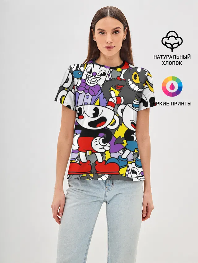Женская базовая футболка с принтом «Mugman character»