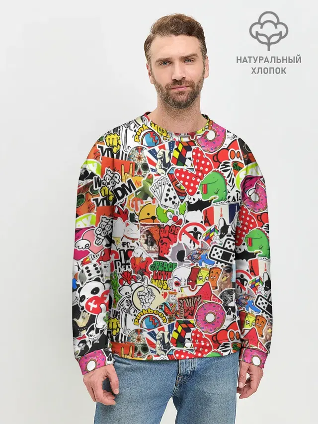 Мужской свитшот базовый с принтом «Кубик Рубика — Sticker Bombing»