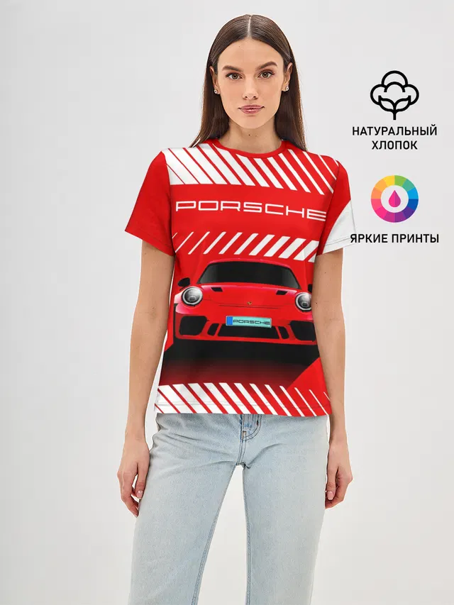 Женская базовая футболка с принтом «Porsche Порше RED Style — ПОРШЕ — RED STYLE»