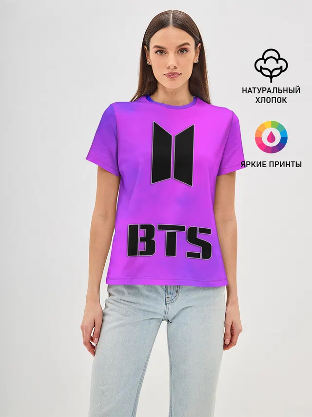 Женская базовая футболка с принтом «BTS — BTS ЮЖНОКОРЕЙСКИЙ БОЙБЕНД»