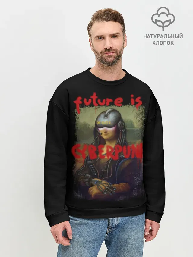Мужской свитшот базовый с принтом «Cyberpunk 2077 — Cyberpunk Mona Lisa»