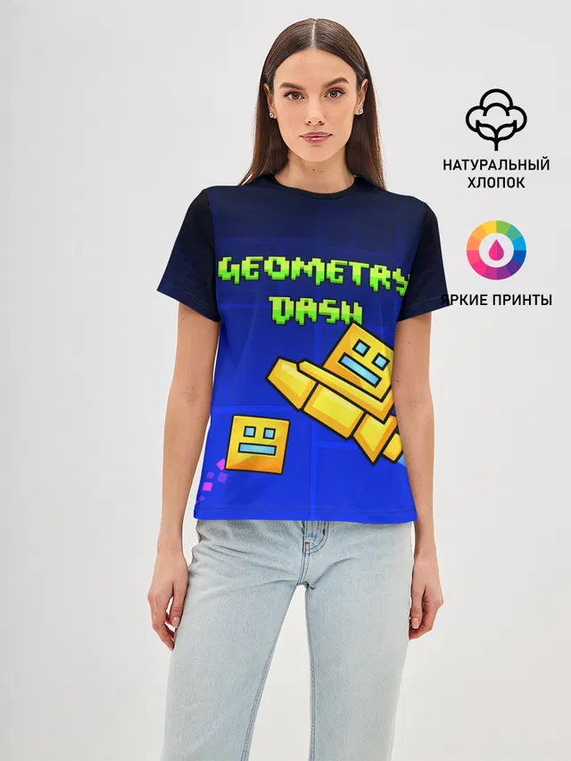 Женская базовая футболка с принтом «Geometry Dash — ГЕОМЕТРИ ДАШ»