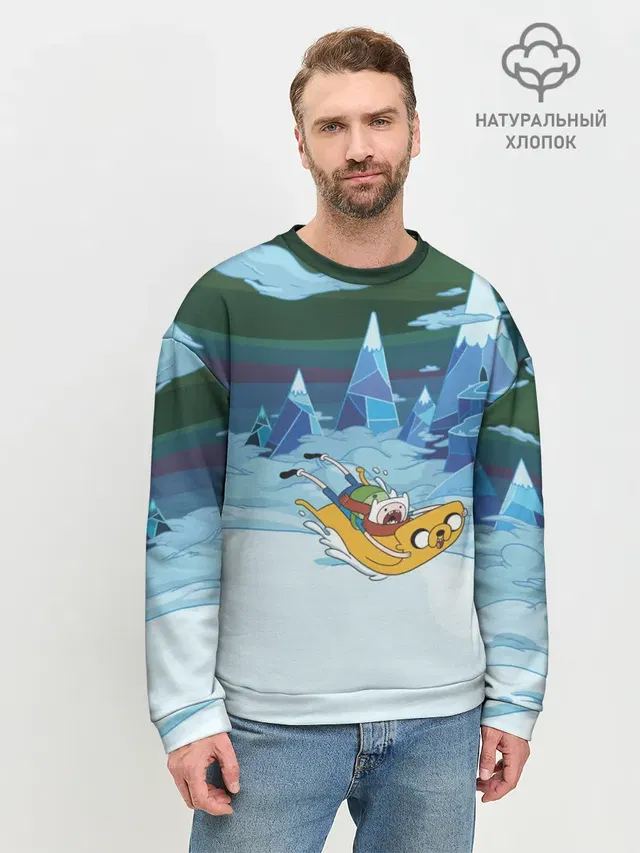 Мужской свитшот базовый с принтом «Время приключений — Finn on Jake»