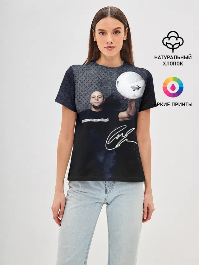 Женская базовая футболка с принтом «Роберто Карлос — Roberto Carlos — Подпись»