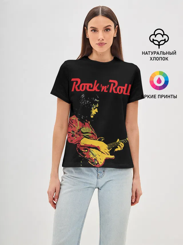 Женская базовая футболка с принтом «Guitarist — ROCK N ROLL»