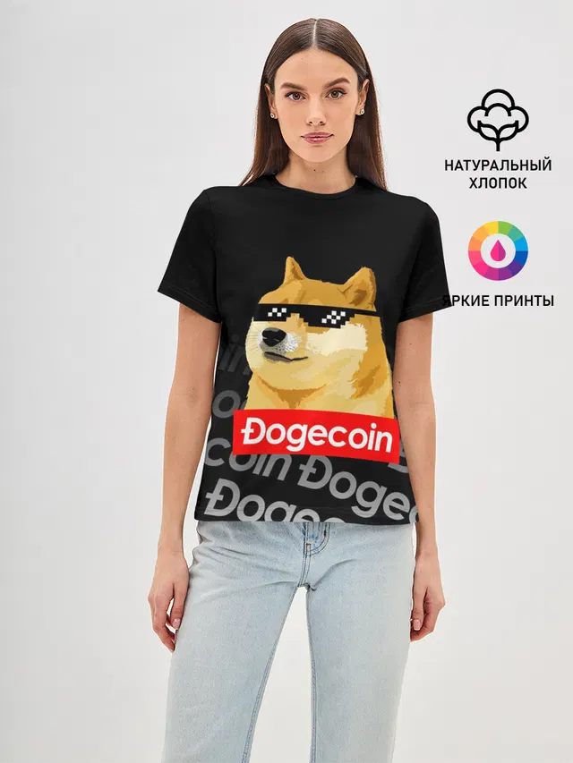 Женская базовая футболка с принтом «Dogecoin Doge Догикоин»