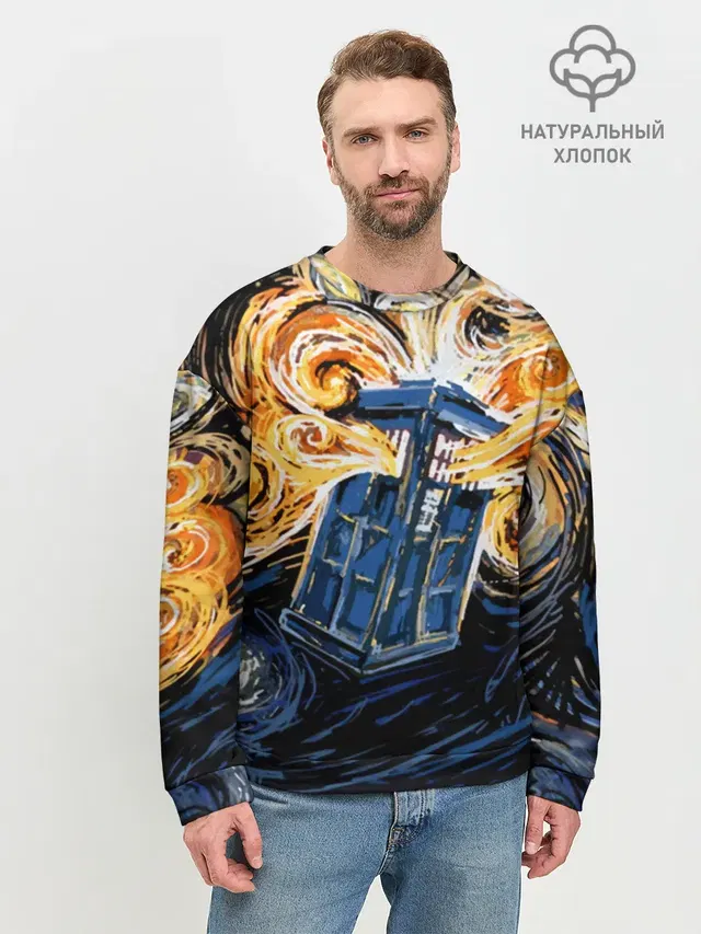 Мужской свитшот базовый с принтом «Van Gogh Tardis»