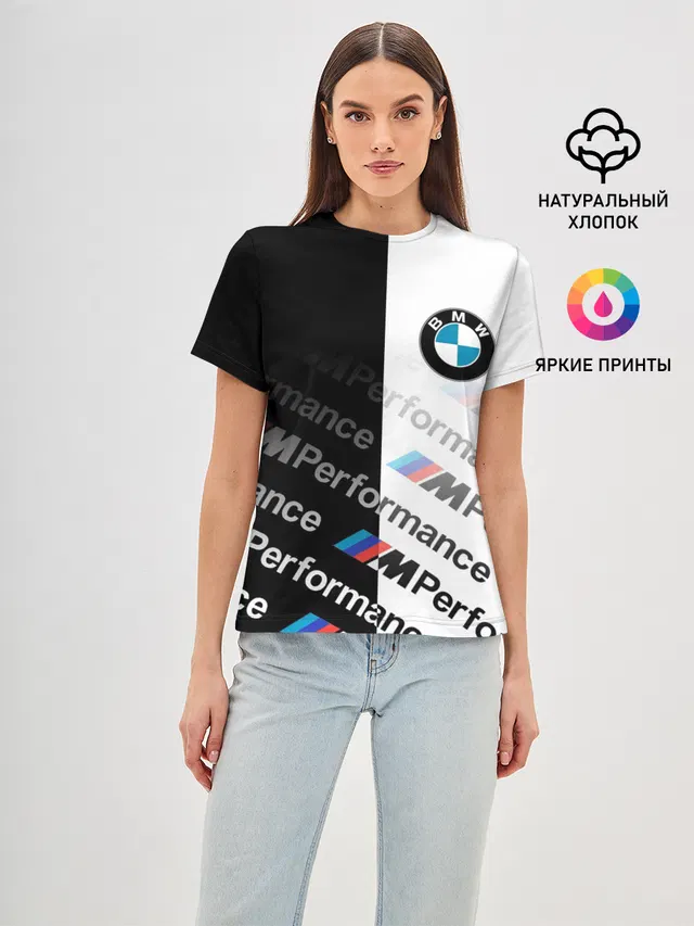 Женская базовая футболка с принтом «BMW — M PERFORMANCE ГРАДИЕНТ»
