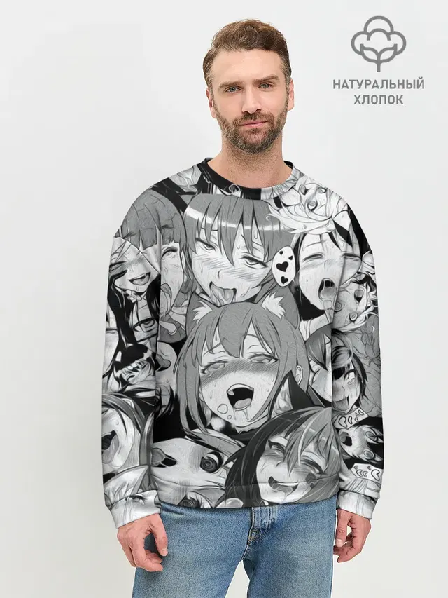 Мужской свитшот базовый с принтом «Ahegao — AHEGAO monochrome»