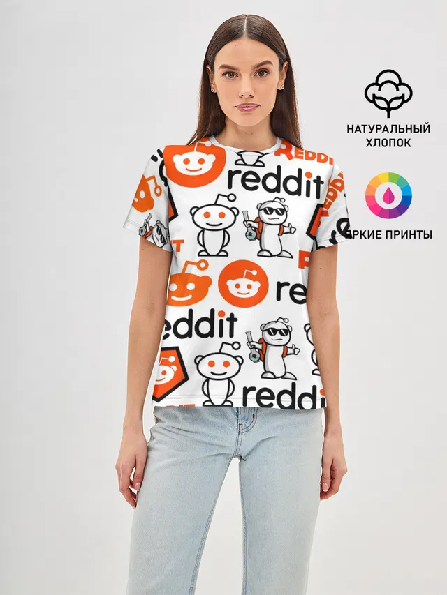 Женская базовая футболка с принтом «Социальные сети — REDDIT — РЕДДИТ — ЛОГОБОМБИНГ»