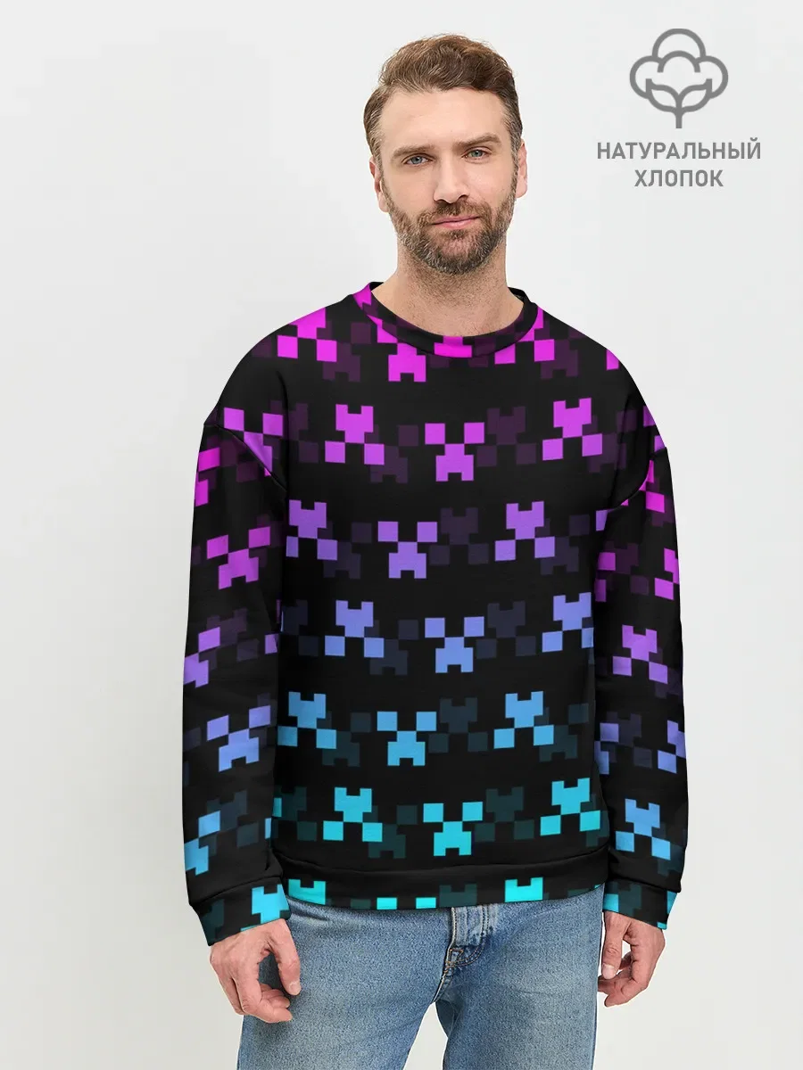 Мужской свитшот базовый с принтом «Майнкрафт — MINECRAFT CREEPER NEON», вид спереди
