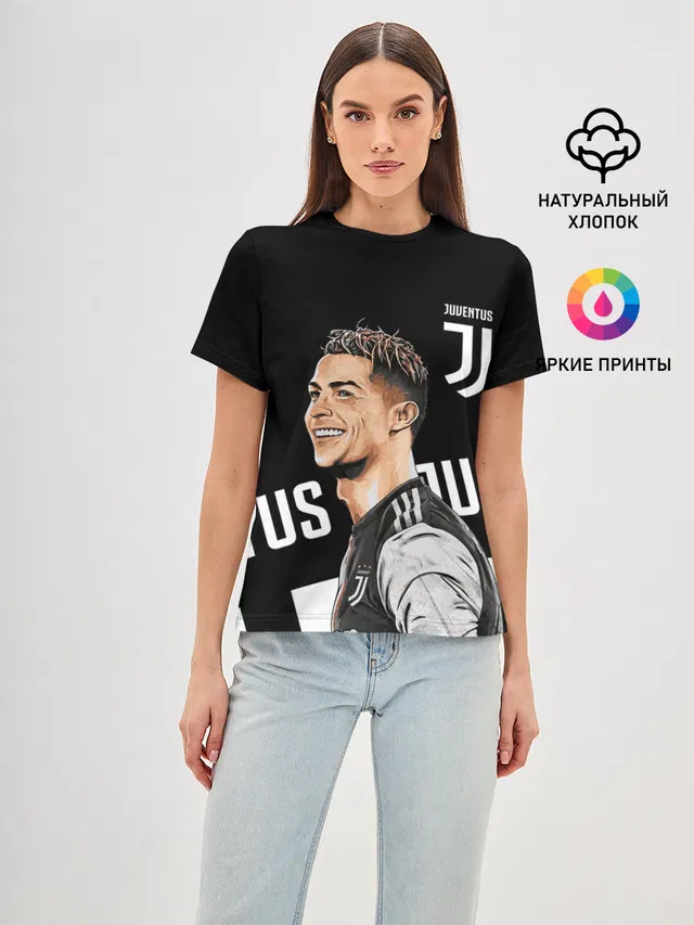 Женская базовая футболка с принтом «Криштиану Роналду — JUVENTUS»