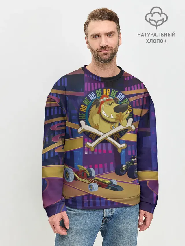 Мужской свитшот базовый с принтом «Безумные гонки — Muttley HE HE HE»