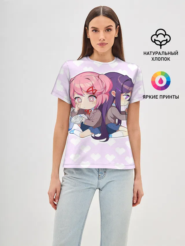 Женская базовая футболка с принтом «Chibi Natsuki and Yuri»