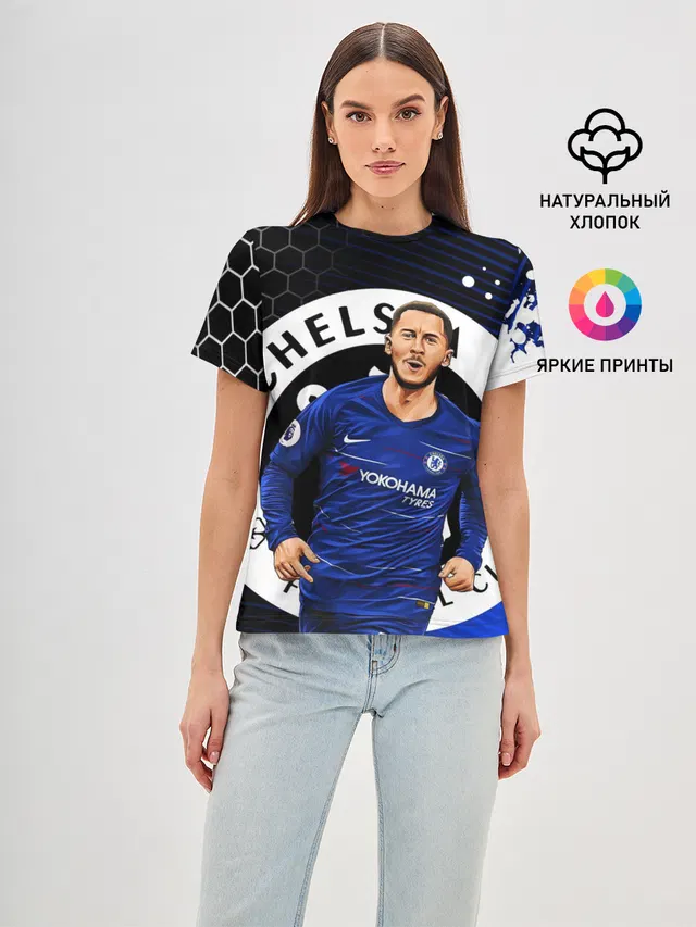 Женская базовая футболка с принтом «Эден Азар — CHELSEA — ЧЕЛСИ»