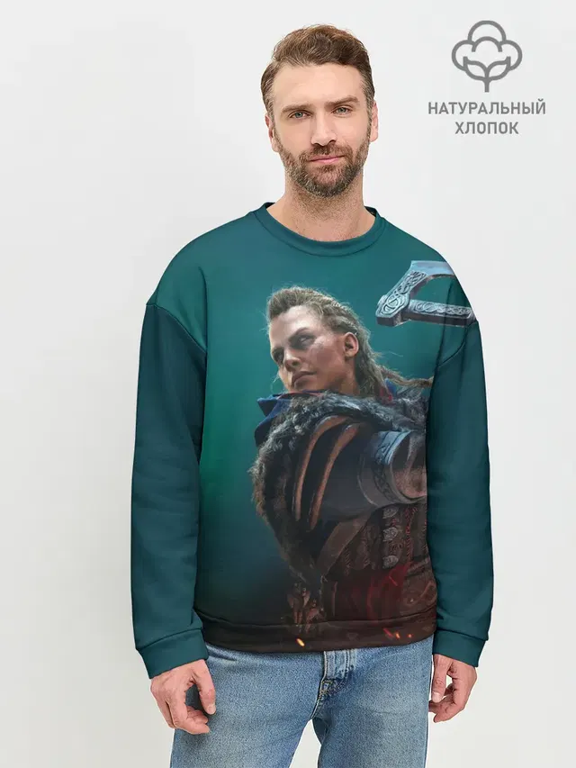 Мужской свитшот базовый с принтом «Eivor Varinsdottir — ASSASSINS CREED VALHALLA»